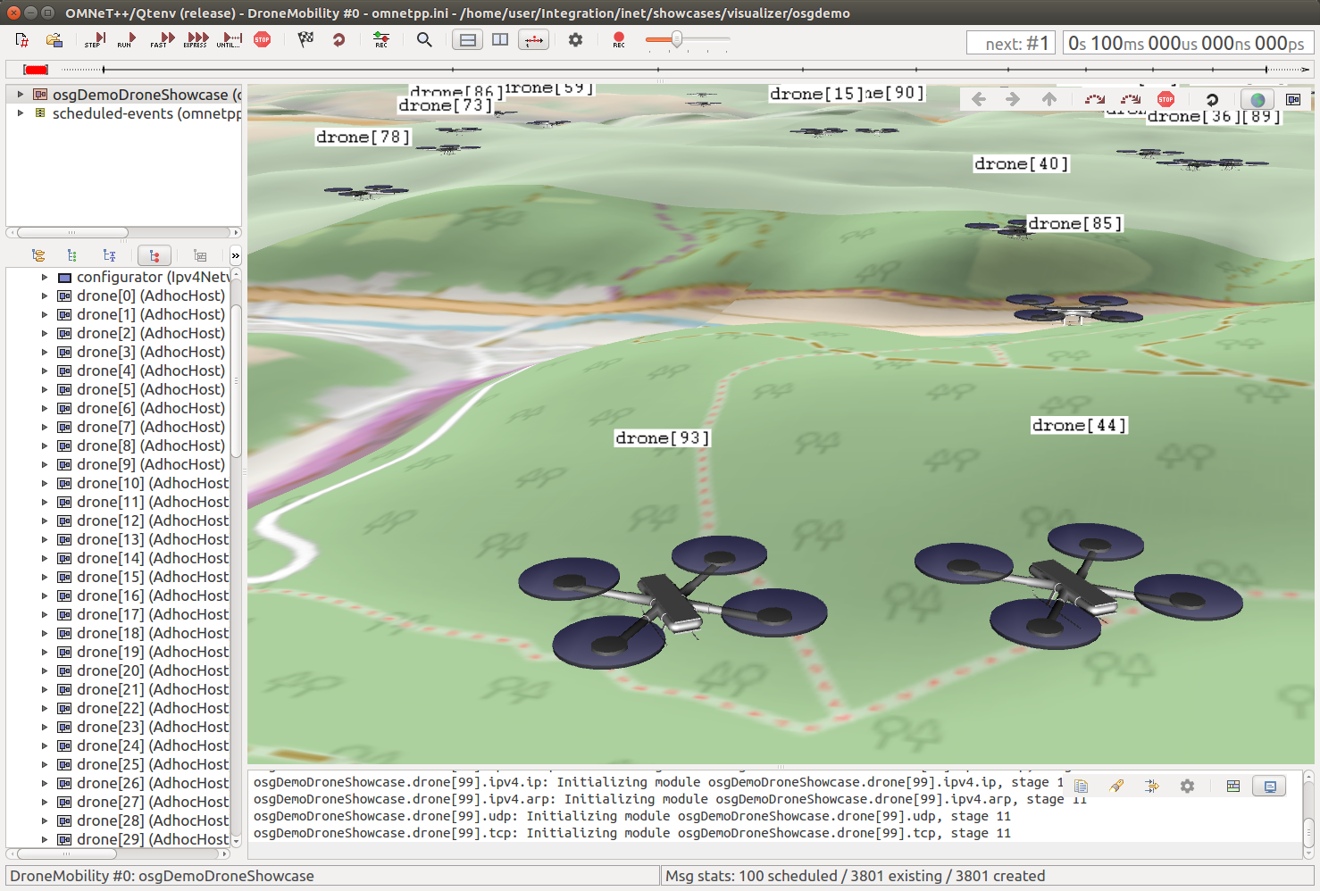 Qtenv - 3D visualization of an ad hoc network of drones using osgEarth