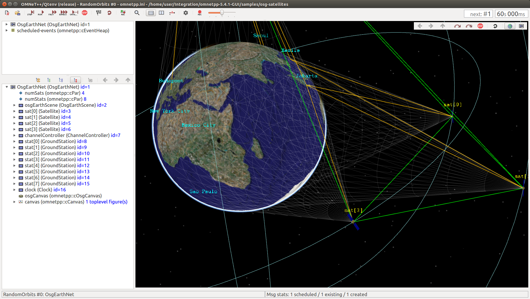 Qtenv - 3D visualization of satellite orbits using osgEarth (OMNeT++ example simulation)